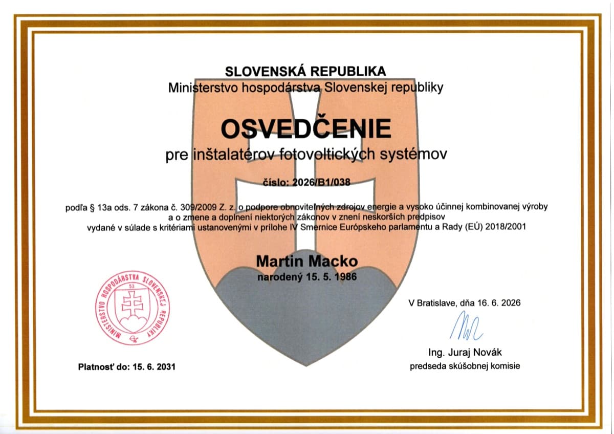 Osvedčenie pre inštalatérov fotovoltických systémov, Ministerstvo hospodárstva SR