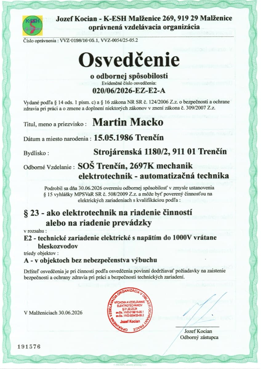 Osvedčenie o odbornej spôsobilosti elektrotechnika na riadenie činností, kvalifikácia E2
